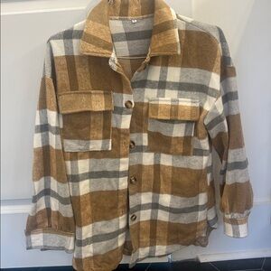 Plaid Button-Up Jacket in Brown and White